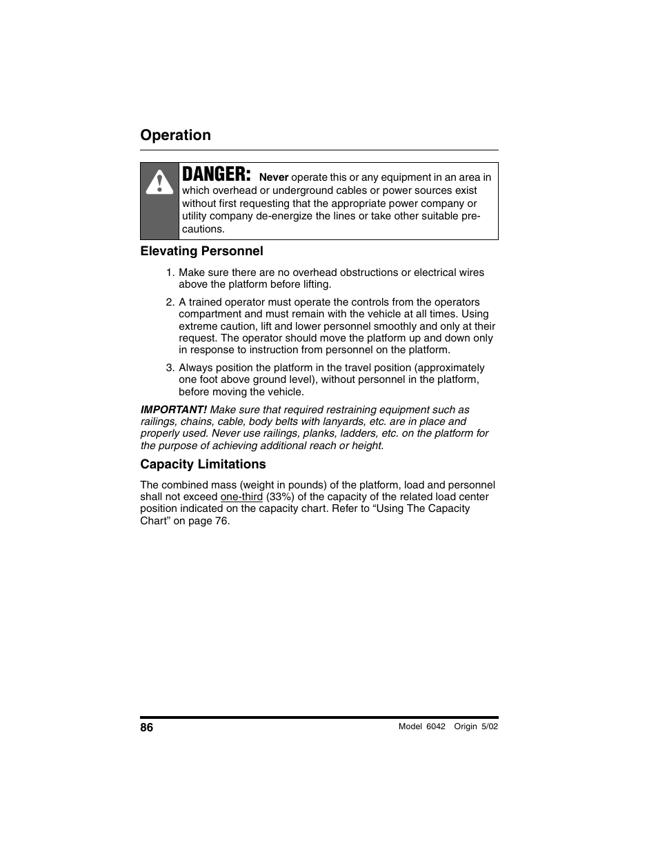 Elevating personnel, Capacity limitations, Danger | Operation | SkyTrak 6042 Operation Manual User Manual | Page 88 / 188