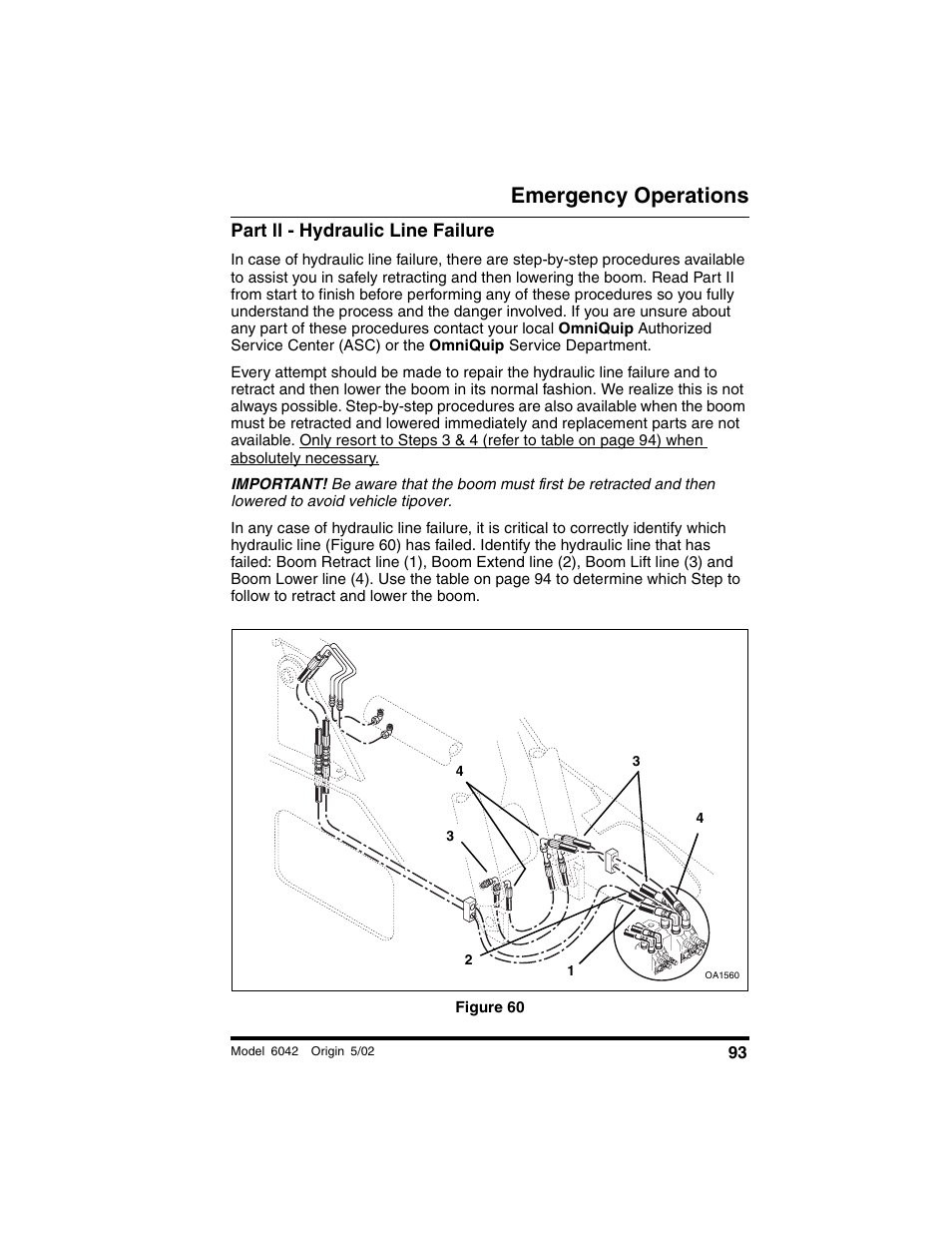 Part ll - hydraulic line failure, Figure 60, Emergency operations | SkyTrak 6042 Operation Manual User Manual | Page 95 / 188