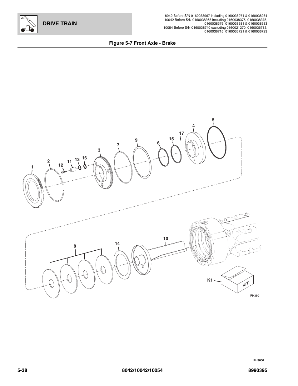 Figure 5-7 front axle - brake, Front axle - brake -38, Rake | See figure 5-7 for details), Drive train | SkyTrak 10042 Parts Manual User Manual | Page 210 / 590