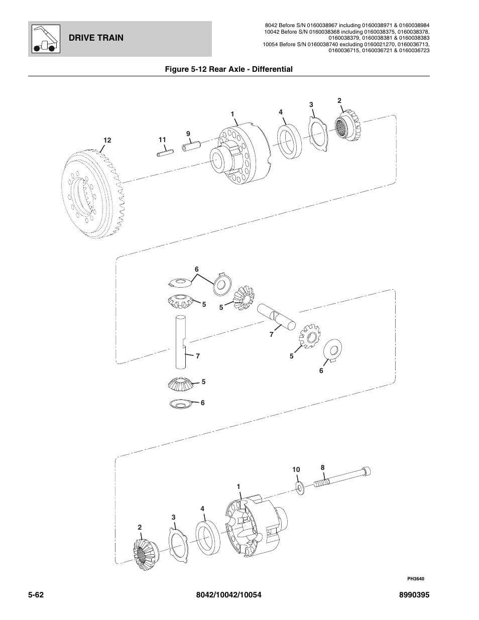 Figure 5-12 rear axle - differential, Rear axle - differential -62, Ifferential, (see figure 5-12 for details) | Drive train | SkyTrak 10042 Parts Manual User Manual | Page 234 / 590