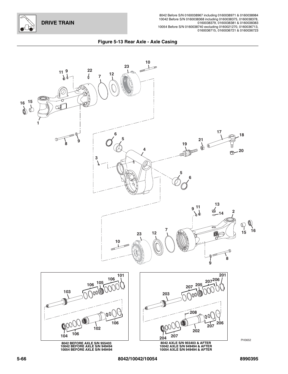 Figure 5-13 rear axle - axle casing, Rear axle - axle casing -66, Axle casing, (see figure 5-13 for details) | Drive train | SkyTrak 10042 Parts Manual User Manual | Page 238 / 590