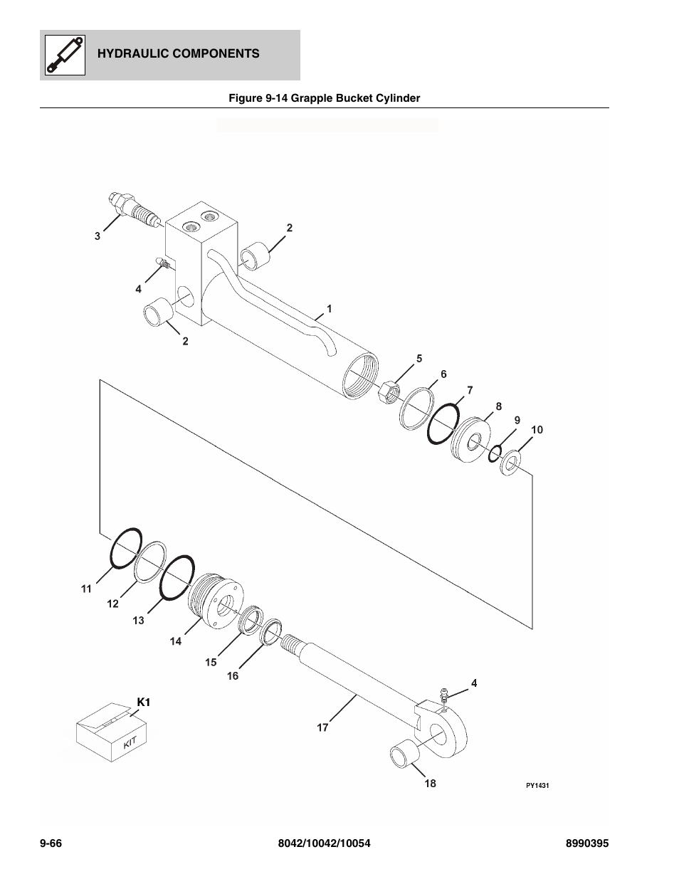 Figure 9-14 grapple bucket cylinder, Grapple bucket cylinder -66 | SkyTrak 10042 Parts Manual User Manual | Page 482 / 590