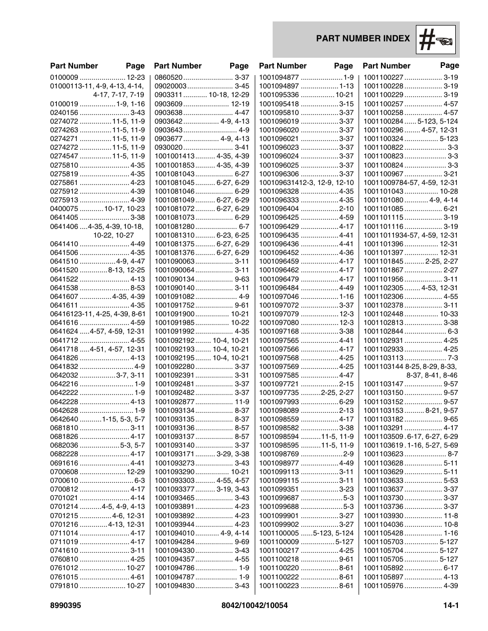 Part number index, Section 14 – part number index -1 | SkyTrak 10042 Parts Manual User Manual | Page 573 / 590