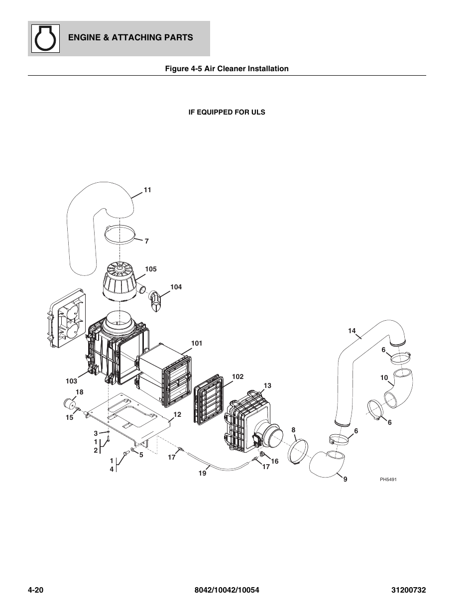 Figure 4-5 air cleaner installation, Air cleaner installation -20 | SkyTrak 8042 Parts Manual User Manual | Page 106 / 388
