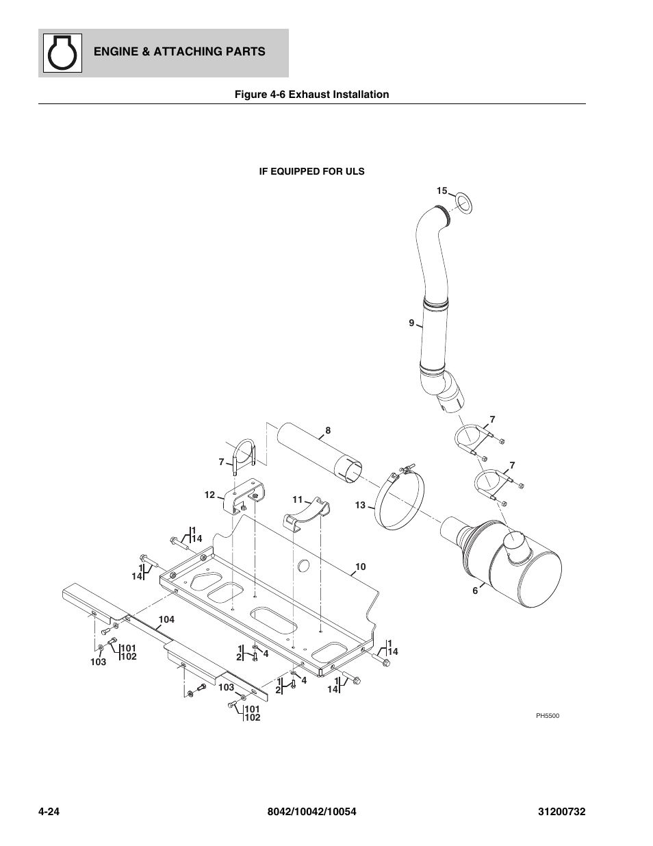 Figure 4-6 exhaust installation, Exhaust installation -24 | SkyTrak 8042 Parts Manual User Manual | Page 110 / 388