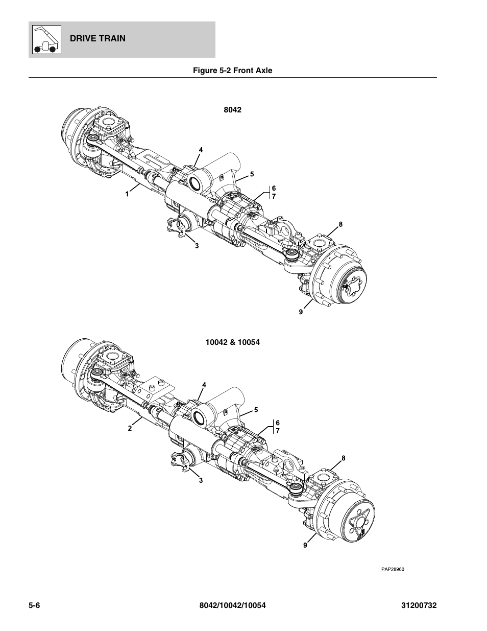 Figure 5-2 front axle, Front axle -6, E, (see figure 5-2 for details) | SkyTrak 8042 Parts Manual User Manual | Page 124 / 388