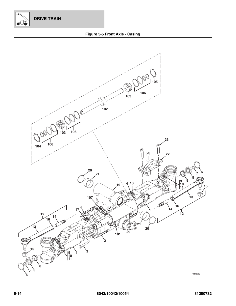 Figure 5-5 front axle - casing, Front axle - casing -14, Axle | Casing, See figure 5-5 for details) | SkyTrak 8042 Parts Manual User Manual | Page 132 / 388