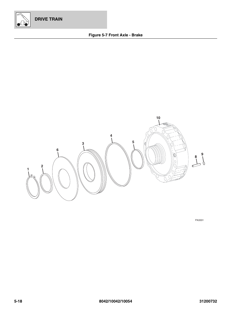 Figure 5-7 front axle - brake, Front axle - brake -18, Rake | See figure 5-7 for details) | SkyTrak 8042 Parts Manual User Manual | Page 136 / 388