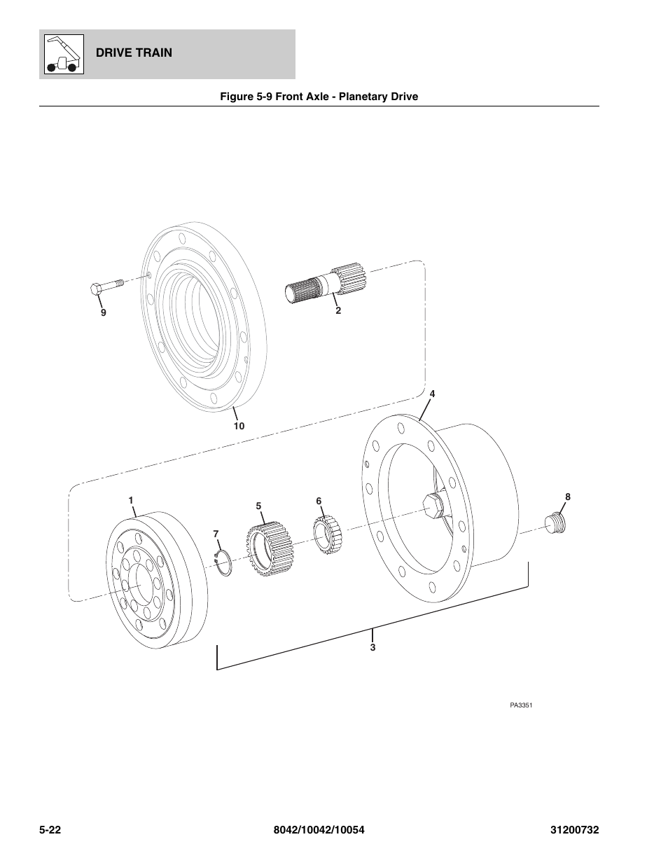 Figure 5-9 front axle - planetary drive, Front axle - planetary drive -22, Drive, (see figure 5-9 for details) | SkyTrak 8042 Parts Manual User Manual | Page 140 / 388
