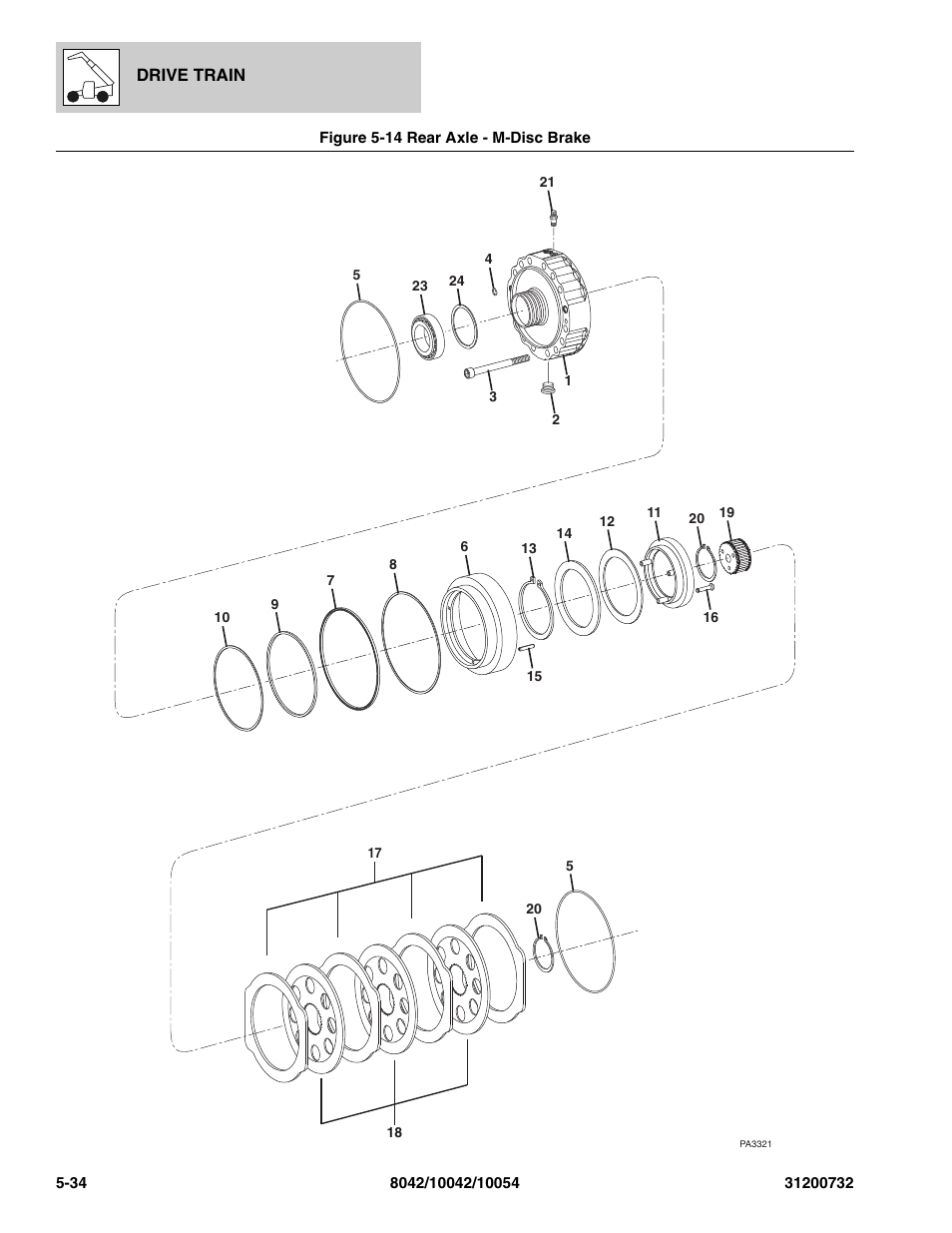 Figure 5-14 rear axle - m-disc brake, Rear axle - m-disc brake -34, M-disc brake, (see figure 5-14 for details) | SkyTrak 8042 Parts Manual User Manual | Page 152 / 388