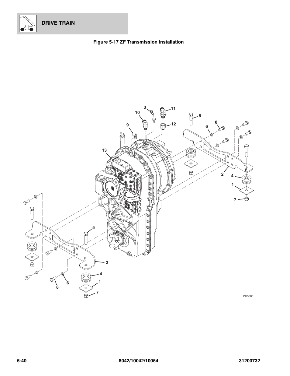 Figure 5-17 zf transmission installation, Zf transmission installation -40, Zf transmission, (see figure 5-17 for details) | SkyTrak 8042 Parts Manual User Manual | Page 158 / 388