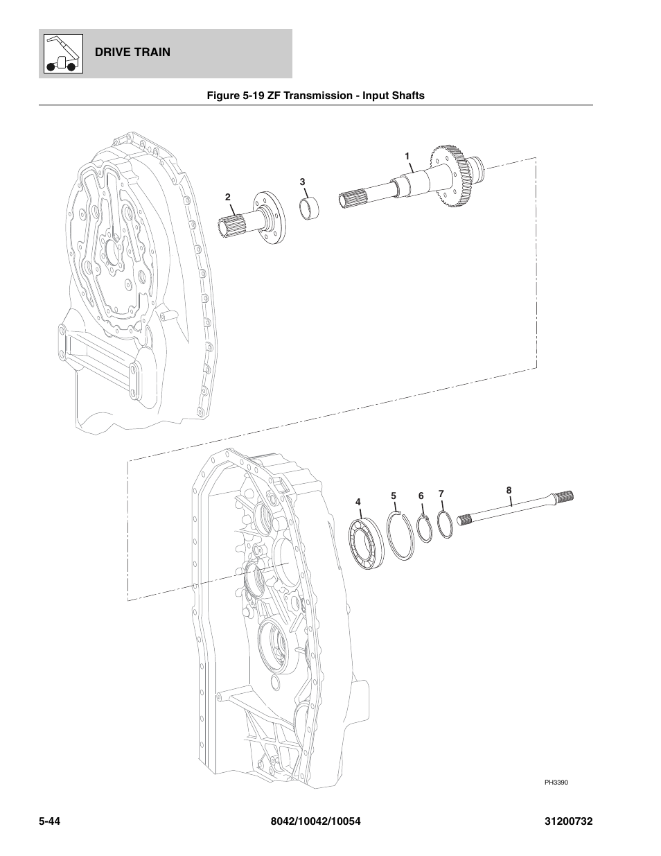 Figure 5-19 zf transmission - input shafts, Zf transmission - input shafts -44, Nput shafts, (see figure 5-19 for details) | SkyTrak 8042 Parts Manual User Manual | Page 162 / 388