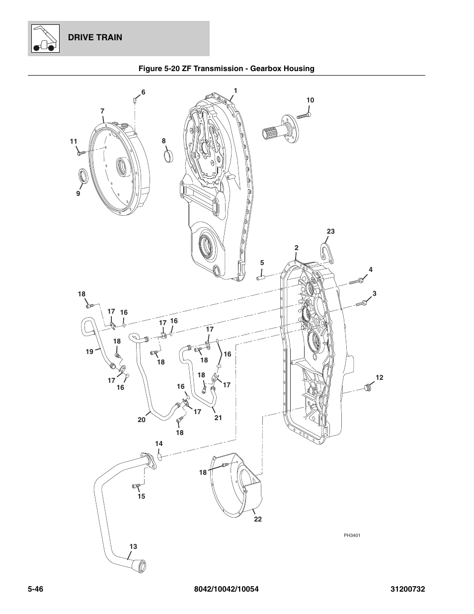 Figure 5-20 zf transmission - gearbox housing, Zf transmission - gearbox housing -46, X housing, (see figure 5-20 for details) | SkyTrak 8042 Parts Manual User Manual | Page 164 / 388