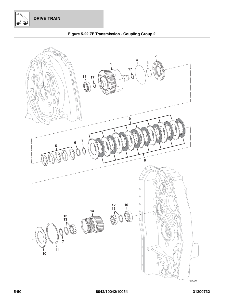 Figure 5-22 zf transmission - coupling group 2, Zf transmission - coupling group 2 -50, Oup 2, (see figure 5-22 for details) | SkyTrak 8042 Parts Manual User Manual | Page 168 / 388