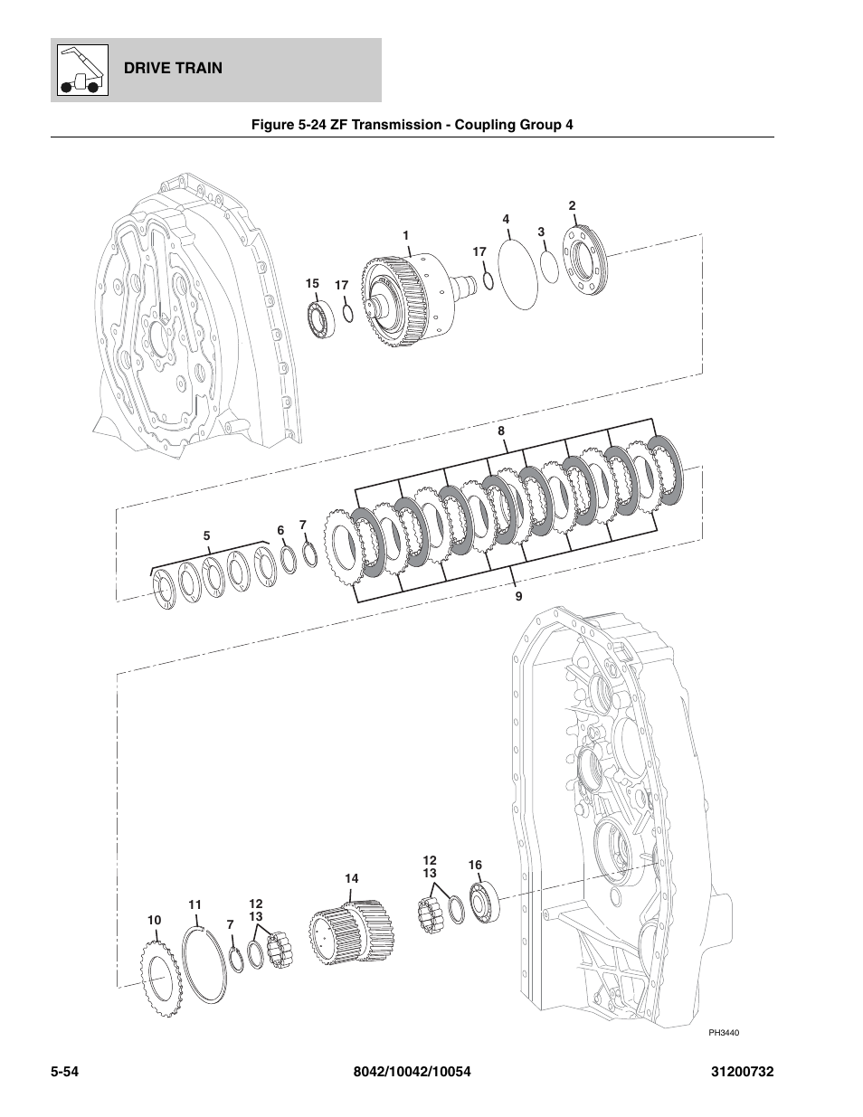 Figure 5-24 zf transmission - coupling group 4, Zf transmission - coupling group 4 -54, Oup 4, (see figure 5-24 for details) | SkyTrak 8042 Parts Manual User Manual | Page 172 / 388