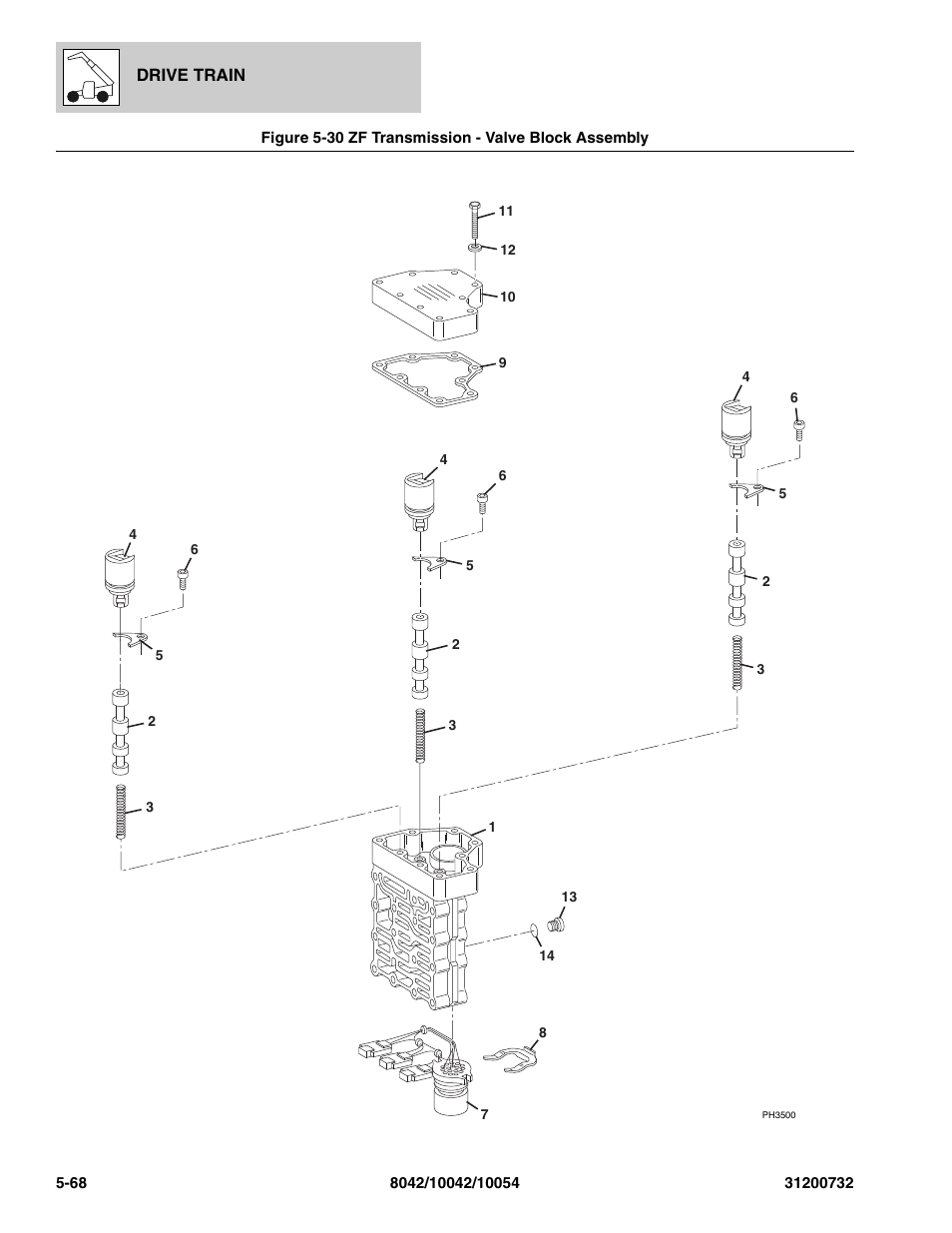 Figure 5-30 zf transmission - valve block assembly, Zf transmission - valve block assembly -68, Block assy, (see figure 5-30 for details) | SkyTrak 8042 Parts Manual User Manual | Page 186 / 388