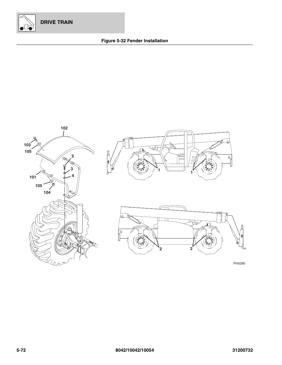 Figure 5-32 fender installation, Fender installation -72 | SkyTrak 8042 Parts Manual User Manual | Page 190 / 388