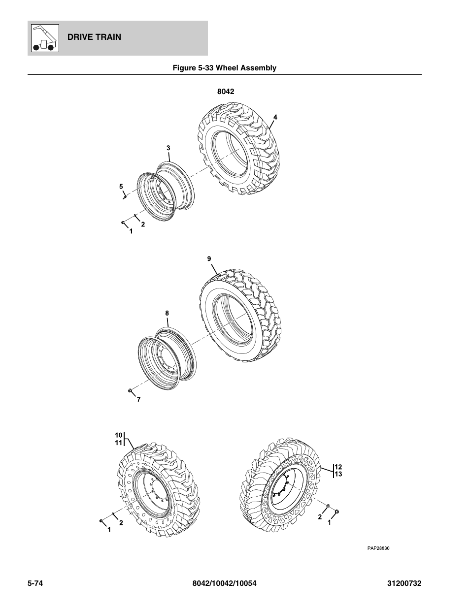 Figure 5-33 wheel assembly, Wheel assembly -74 | SkyTrak 8042 Parts Manual User Manual | Page 192 / 388