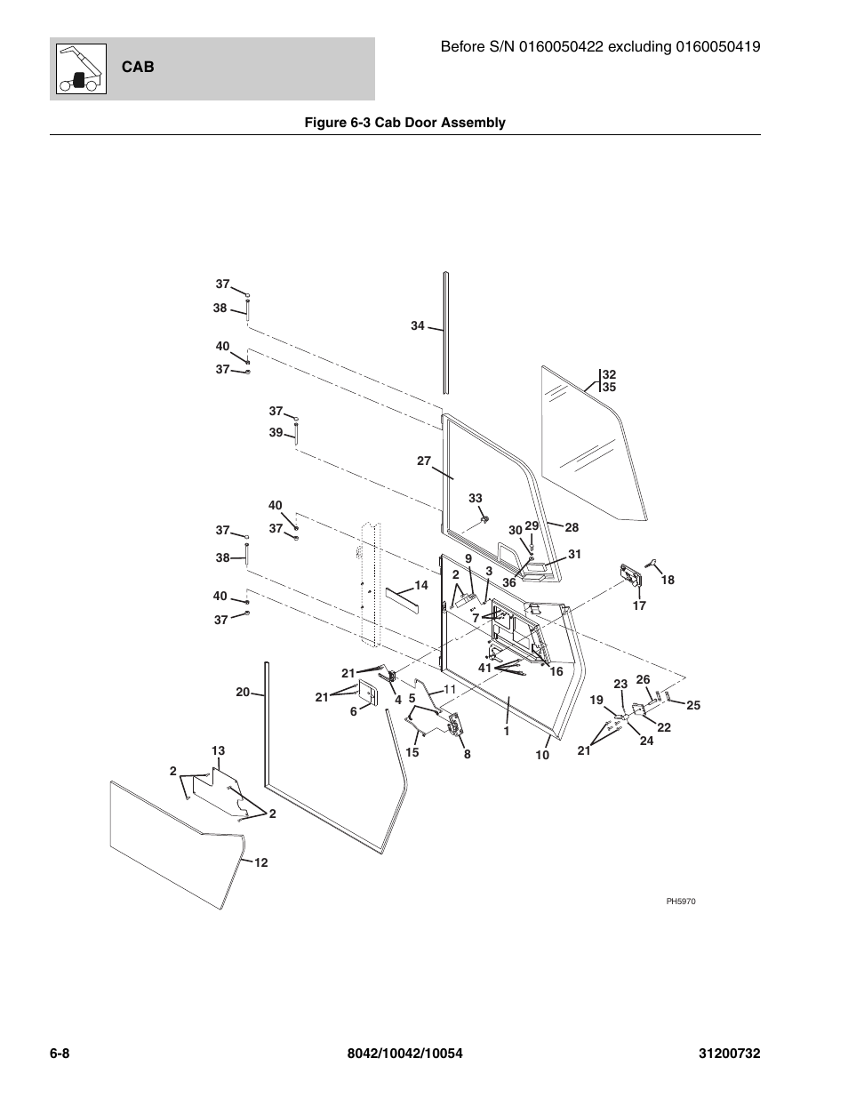 Figure 6-3 cab door assembly, Cab door assembly -8, Oor assy, (see figure 6-3 for details) | SkyTrak 8042 Parts Manual User Manual | Page 204 / 388