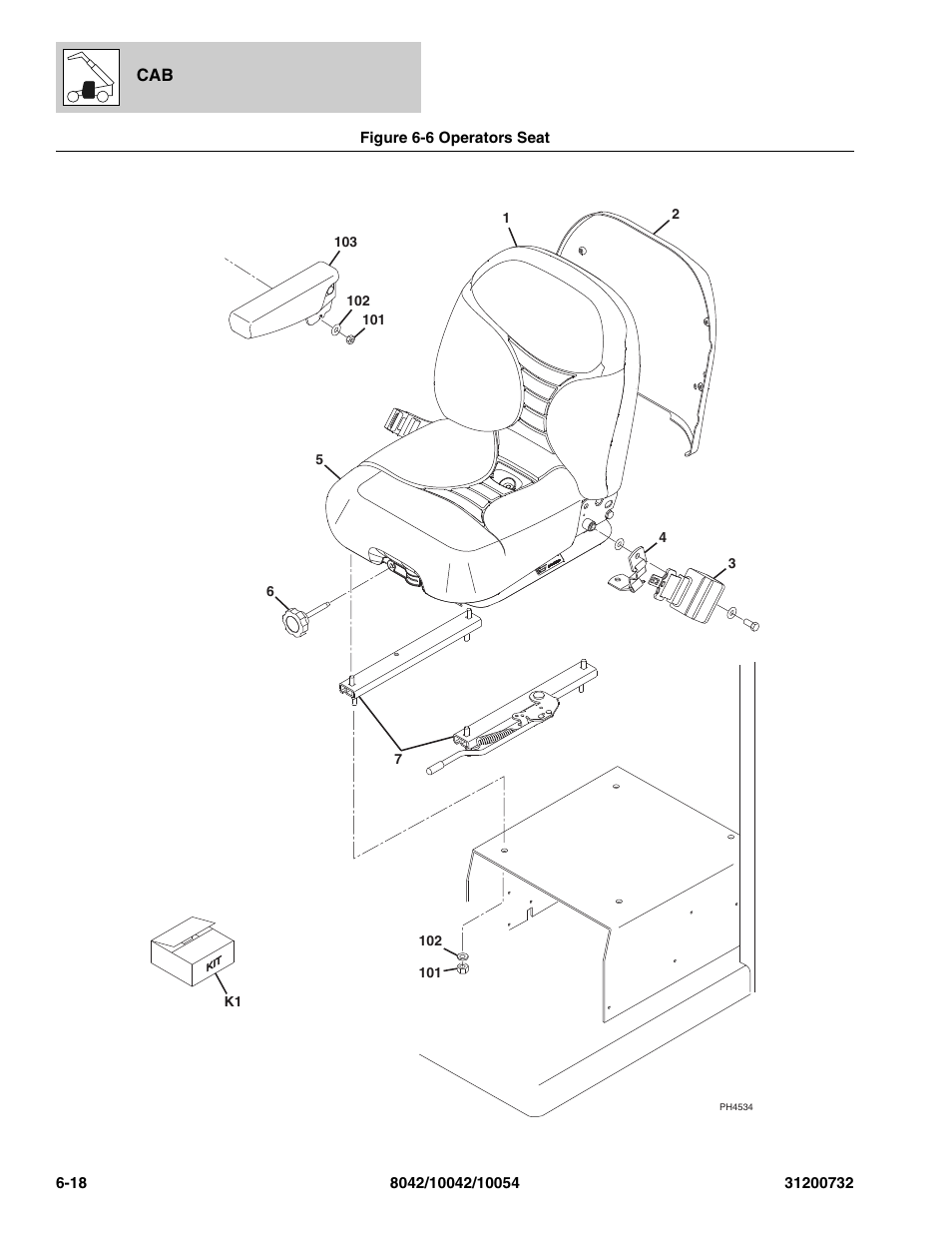 Figure 6-6 operators seat, Operators seat -18, T assy, (see figure 6-6 for details) | SkyTrak 8042 Parts Manual User Manual | Page 214 / 388