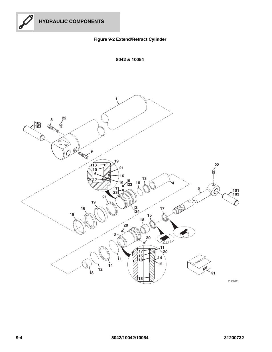 Figure 9-2 extend/retract cylinder, Extend/retract cylinder -4, Re, (see figure 9-2 for details) | T cylinder, (see figure 9-2 for details) | SkyTrak 8042 Parts Manual User Manual | Page 264 / 388