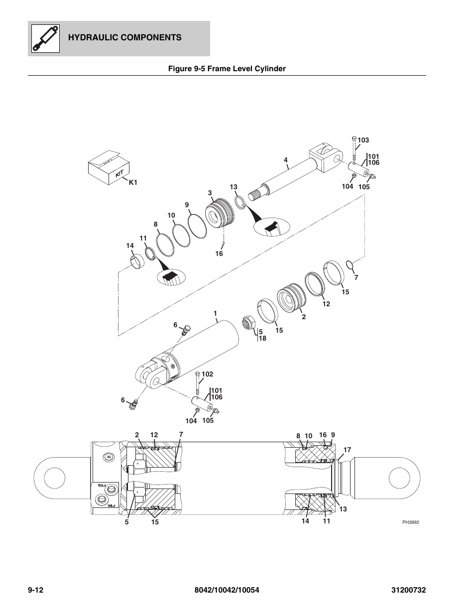 Figure 9-5 frame level cylinder, Frame level cylinder -12, Re, (see figure 9-5 for details) | E level cylinder, (see figure 9-5 for details) | SkyTrak 8042 Parts Manual User Manual | Page 272 / 388
