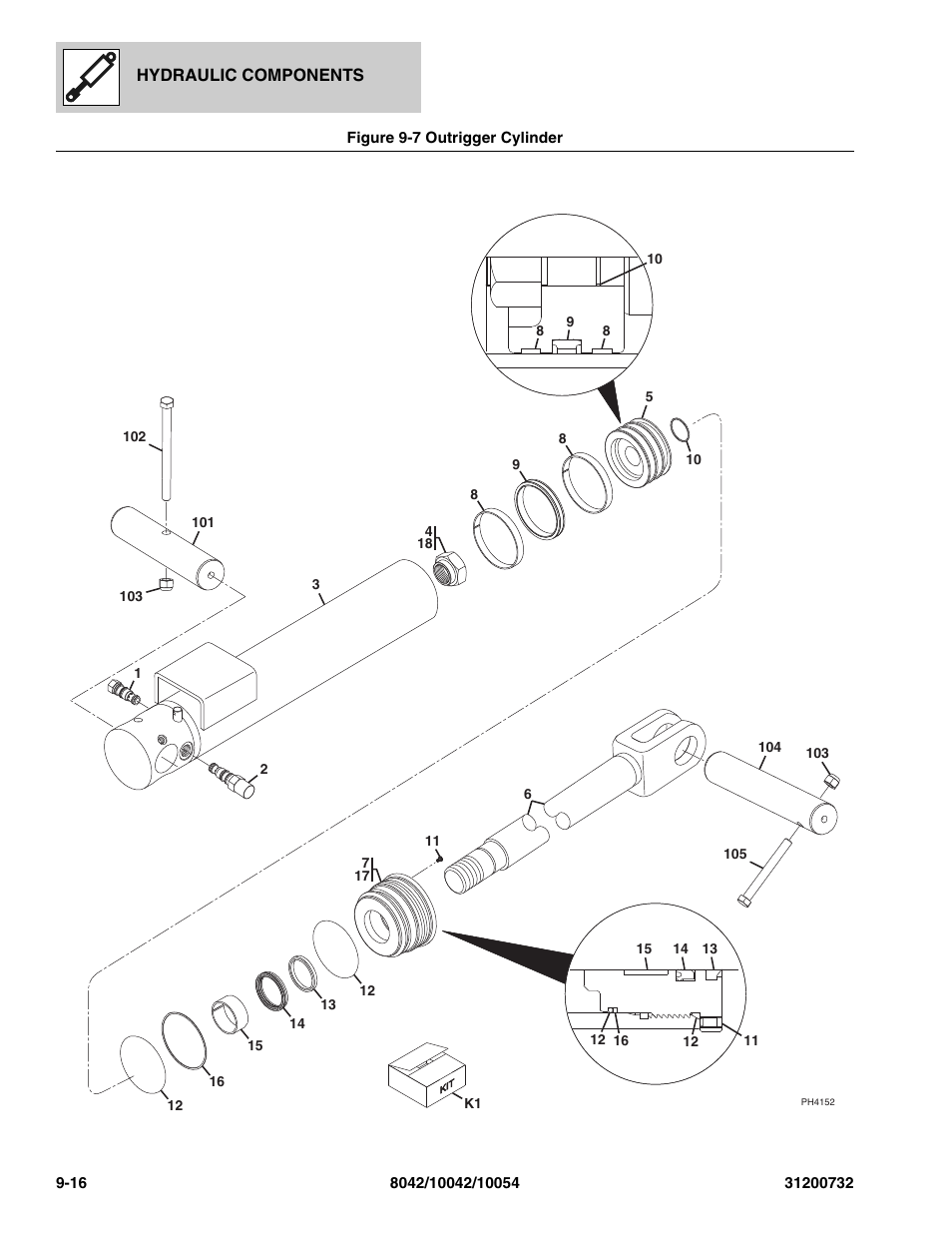 Figure 9-7 outrigger cylinder, Outrigger cylinder -16 | SkyTrak 8042 Parts Manual User Manual | Page 276 / 388