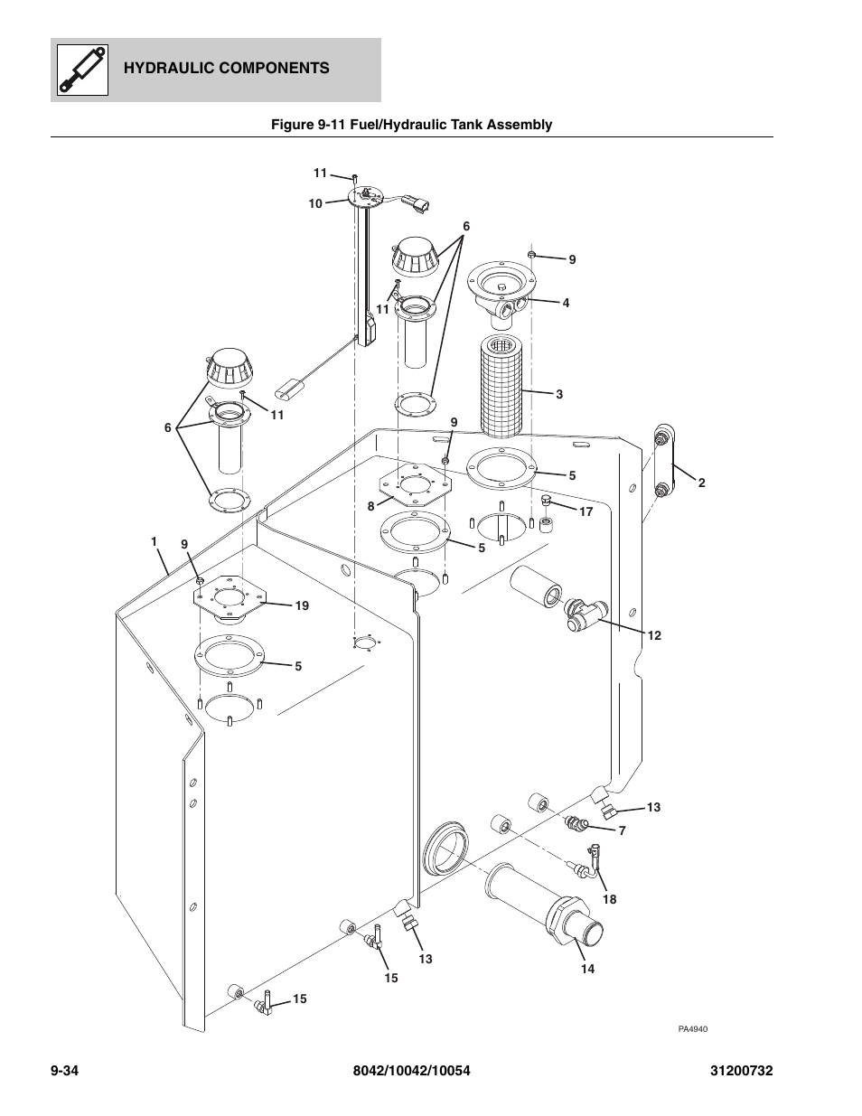 Figure 9-11 fuel/hydraulic tank assembly, Fuel/hydraulic tank assembly -34, Nk assy, (see figure 9-11 for details) | Nk, (see figure 9-11 for details), Oir, (see figure 9-11 for details) | SkyTrak 8042 Parts Manual User Manual | Page 294 / 388