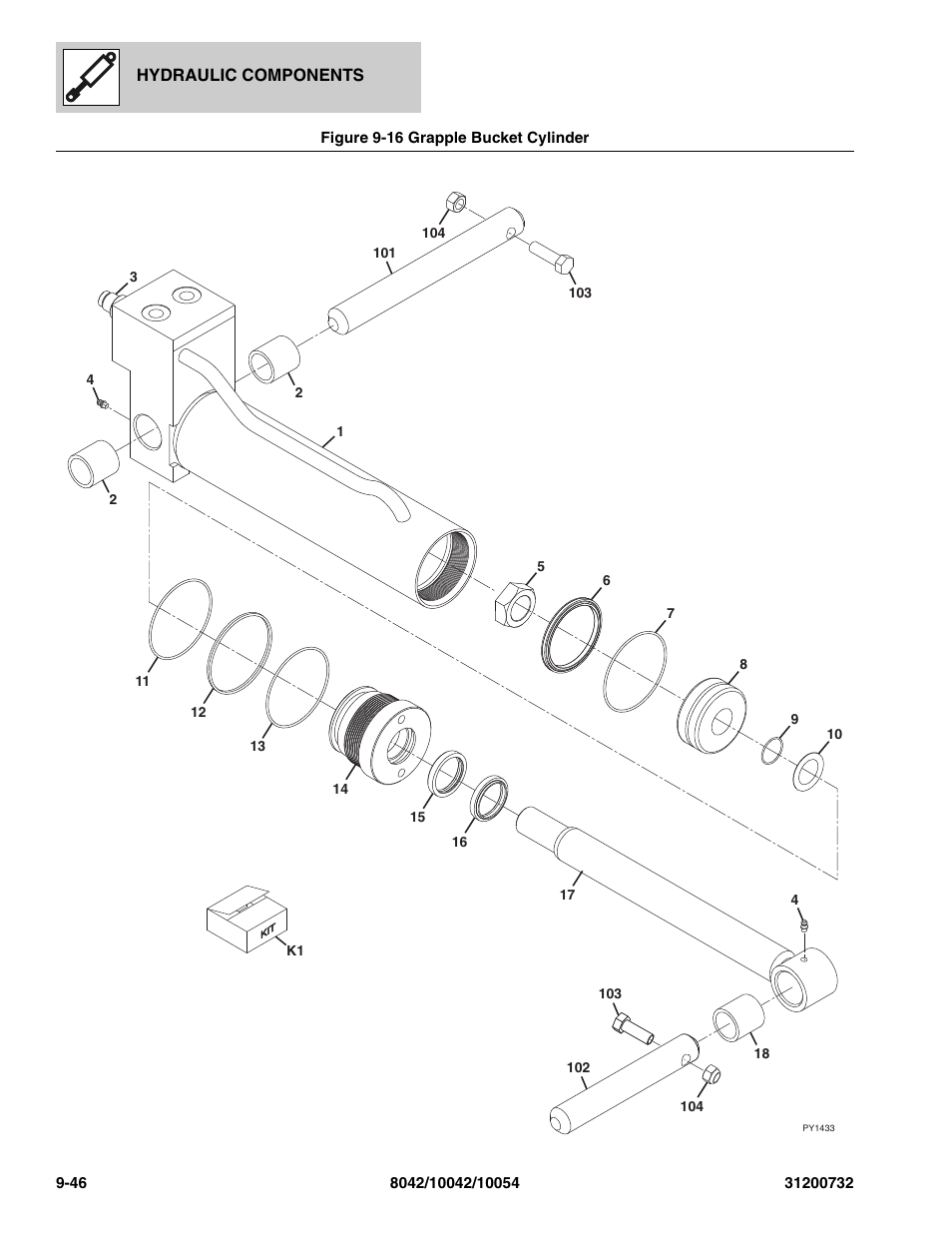 Figure 9-16 grapple bucket cylinder, Grapple bucket cylinder -46, Re, (see figure 9-16 for details) | D), (see figure 9-16 for details), See figure 9-16 for details), 1/4, (see figure 9-16 for details), 3/8, (see figure 9-16 for details) | SkyTrak 8042 Parts Manual User Manual | Page 306 / 388