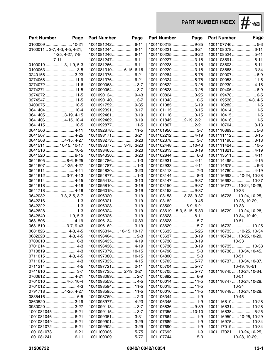 Part number index, Section 13 – part number index -1 | SkyTrak 8042 Parts Manual User Manual | Page 375 / 388