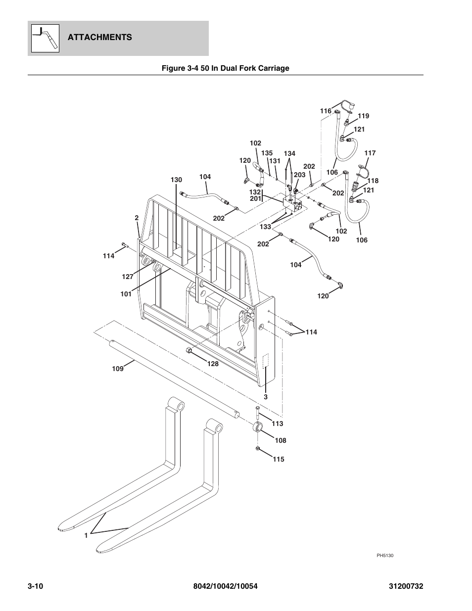 Figure 3-4 50 in dual fork carriage, 50 in dual fork carriage -10 | SkyTrak 8042 Parts Manual User Manual | Page 60 / 388