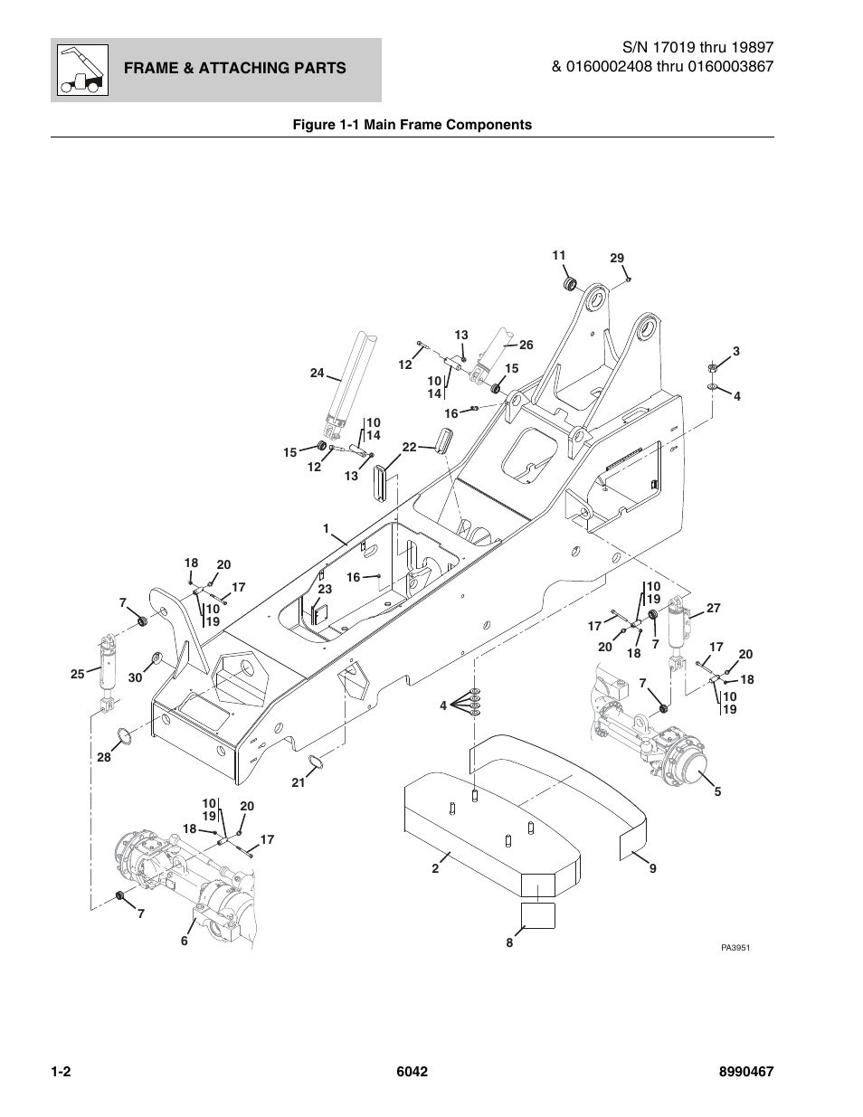 Figure 1-1 main frame components, Main frame components -2 | SkyTrak 6042 Parts Manual User Manual | Page 10 / 466