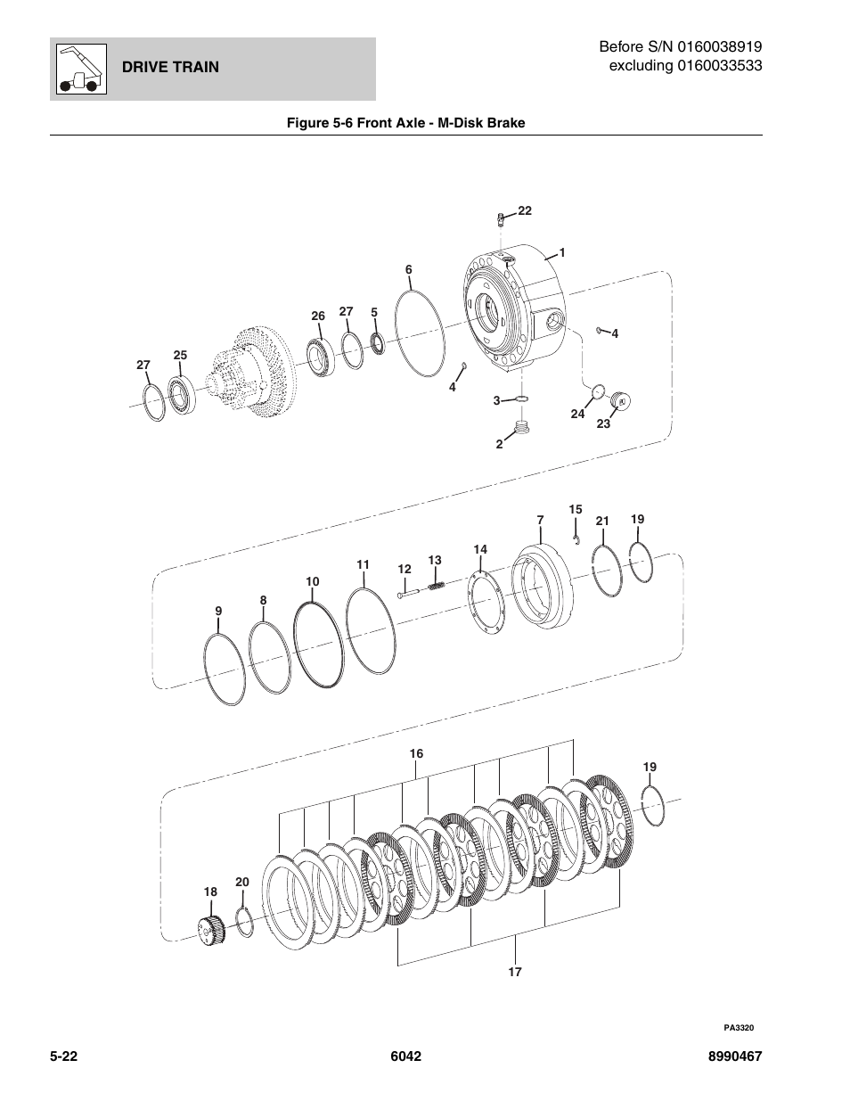 Figure 5-6 front axle - m-disk brake, Front axle - m-disk brake -22, M-disk brake, (see figure 5-6 for details) | SkyTrak 6042 Parts Manual User Manual | Page 154 / 466