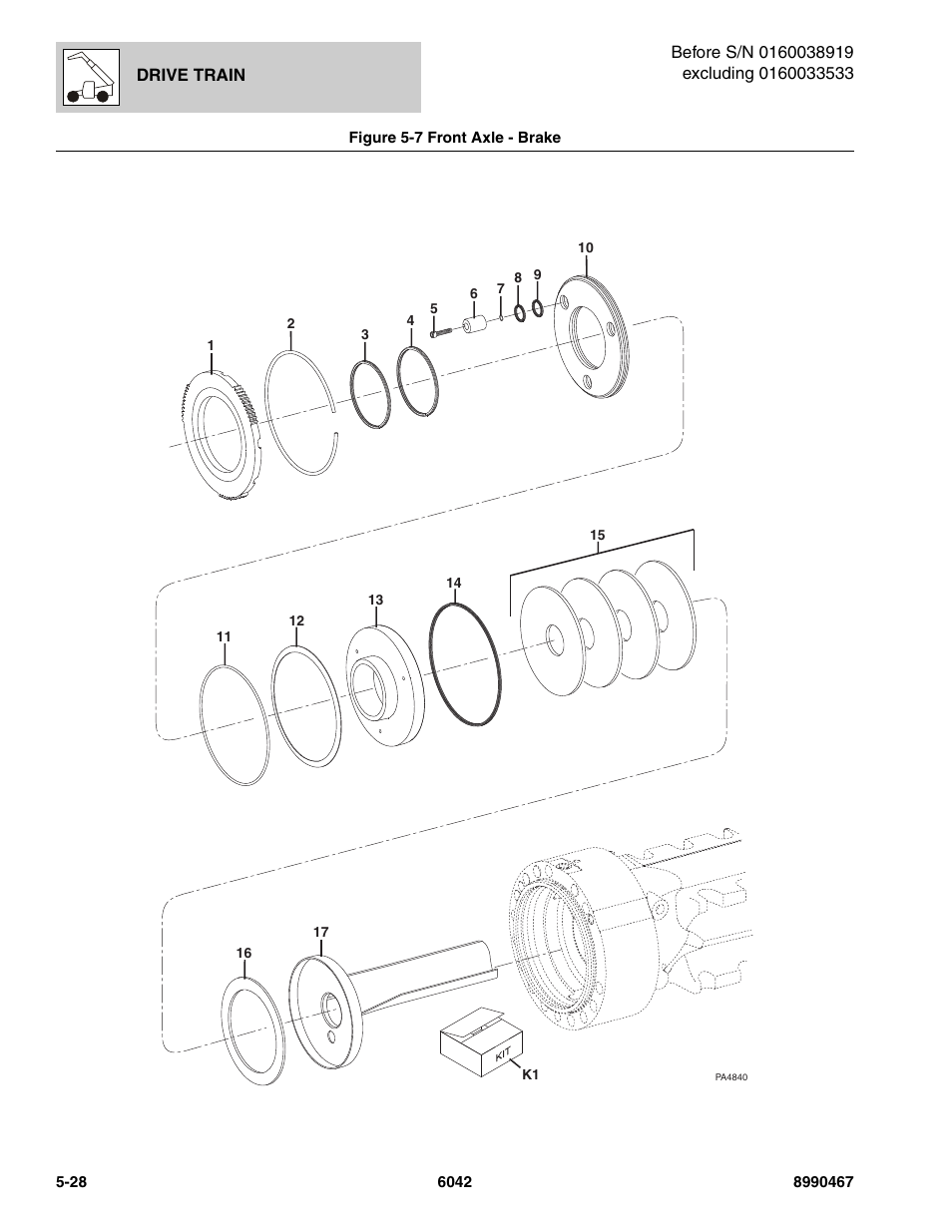 Figure 5-7 front axle - brake, Front axle - brake -28, Rake | See figure 5-7 for details) | SkyTrak 6042 Parts Manual User Manual | Page 160 / 466