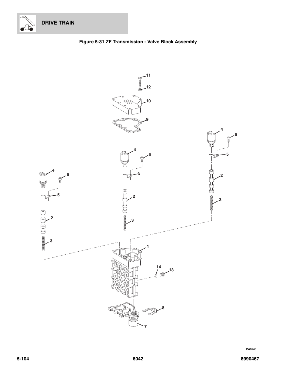 Figure 5-31 zf transmission - valve block assembly, Zf transmission - valve block assembly -104, Block assy, (see figure 5-31 for details) | SkyTrak 6042 Parts Manual User Manual | Page 236 / 466