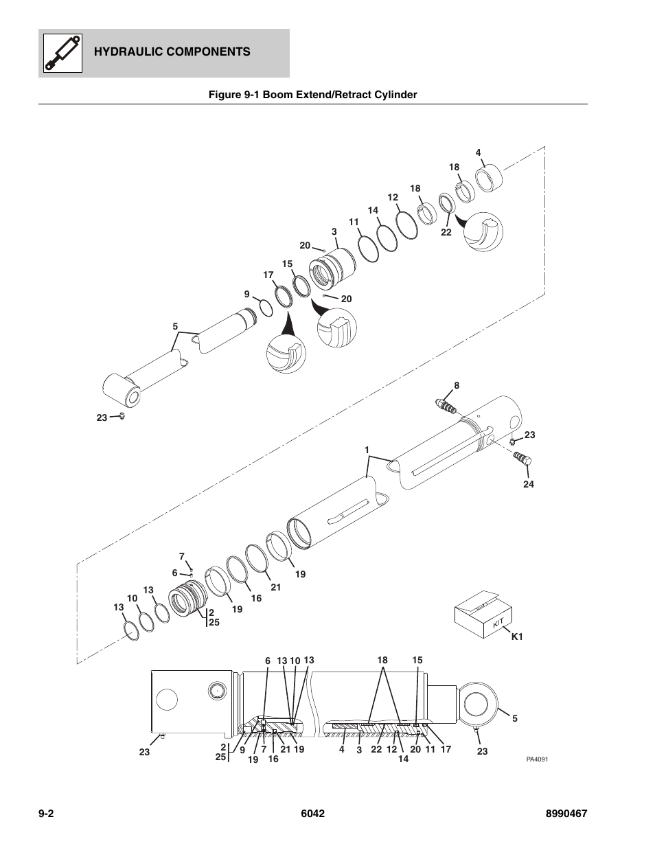 Figure 9-1 boom extend/retract cylinder, Boom extend/retract cylinder -2, T cylinder, (see figure 9-1 for details) | SkyTrak 6042 Parts Manual User Manual | Page 342 / 466