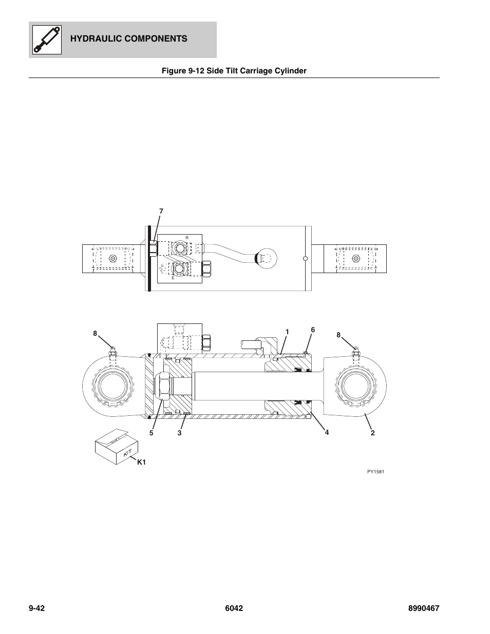 Figure 9-12 side tilt carriage cylinder, Side tilt carriage cylinder -42, Hydraulic components | SkyTrak 6042 Parts Manual User Manual | Page 382 / 466
