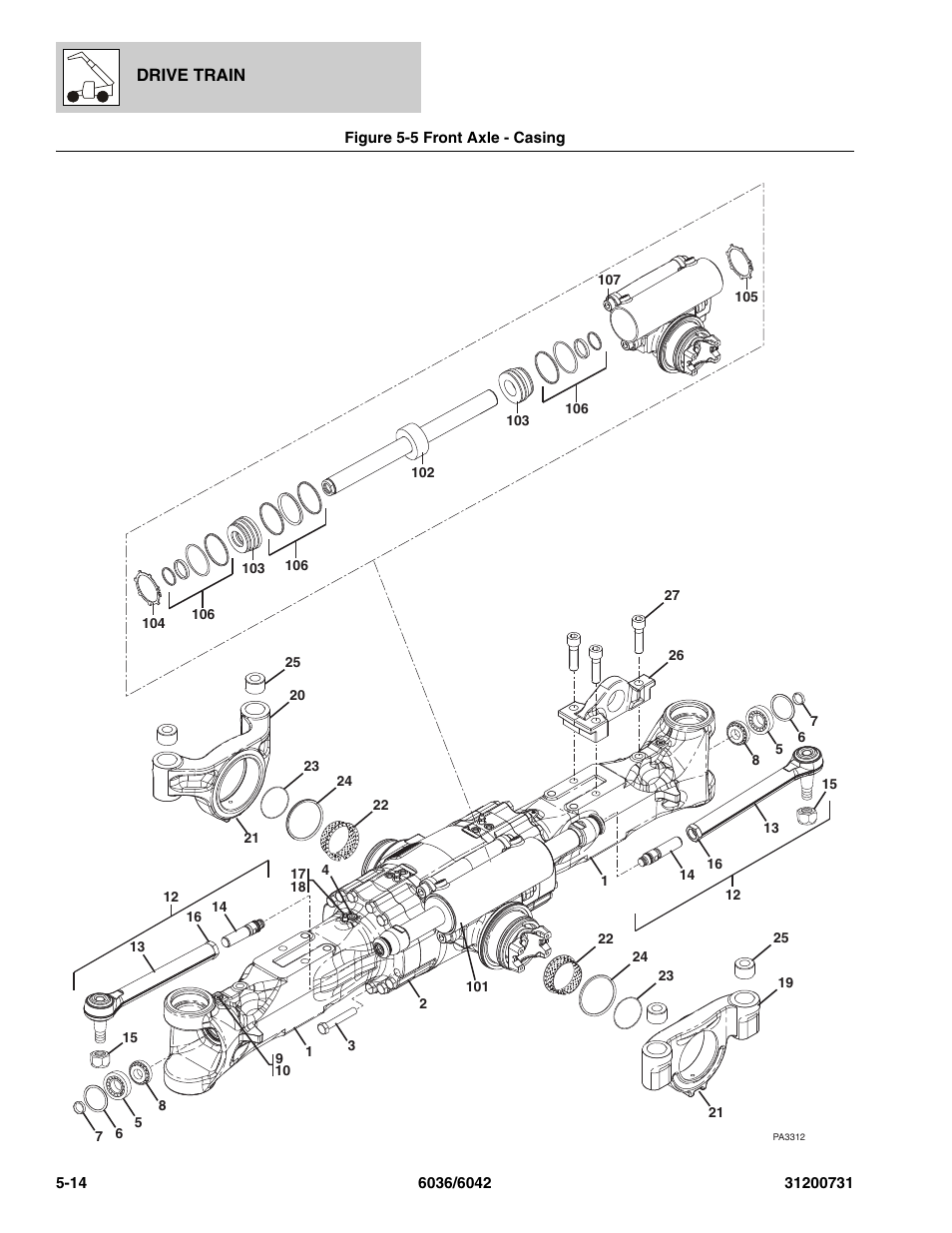 Figure 5-5 front axle - casing, Front axle - casing -14, Axle | Casing, See figure 5-5 for details) | SkyTrak 6036 Parts Manual User Manual | Page 124 / 364