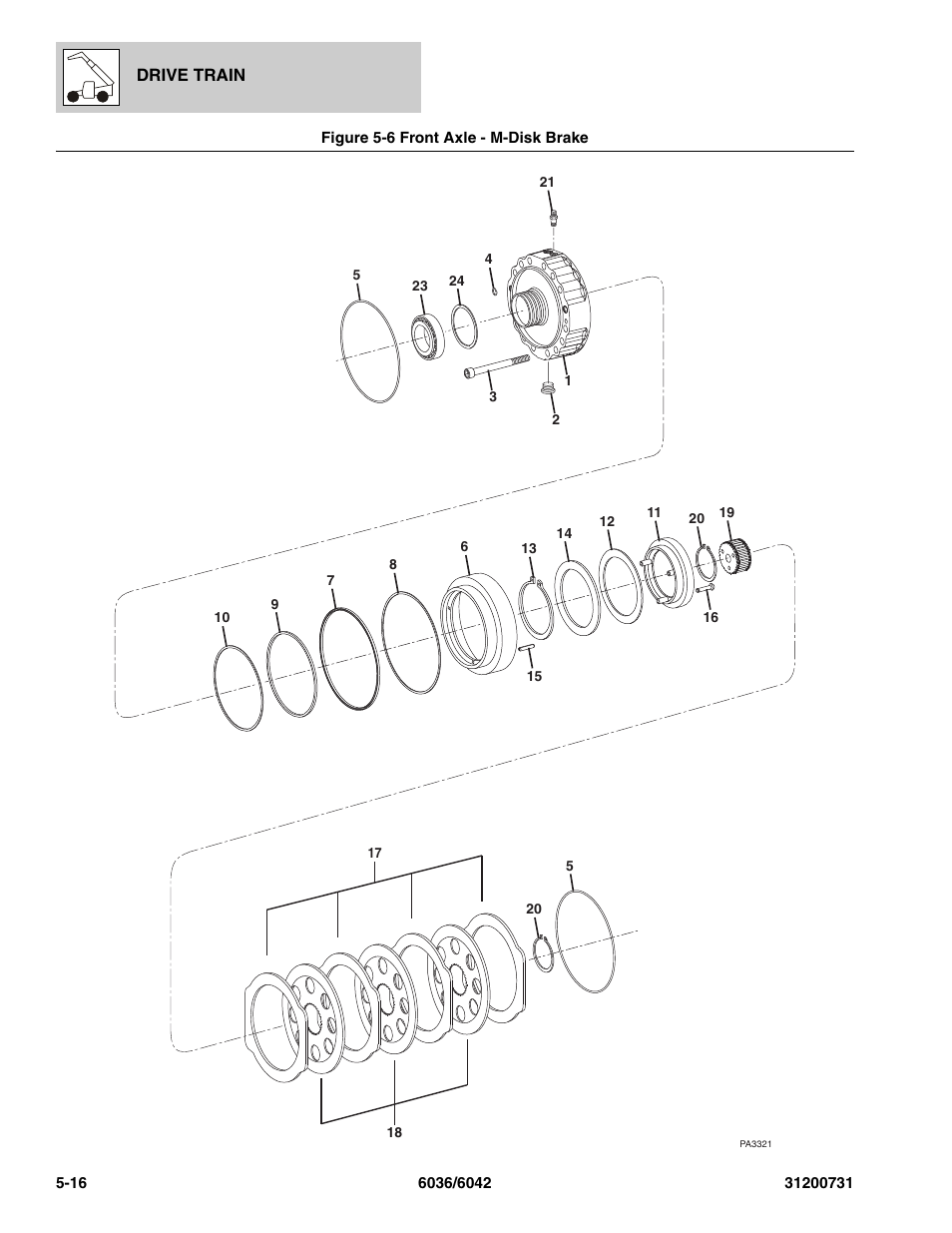 Figure 5-6 front axle - m-disk brake, Front axle - m-disk brake -16, M-disk brake, (see figure 5-6 for details) | SkyTrak 6036 Parts Manual User Manual | Page 126 / 364