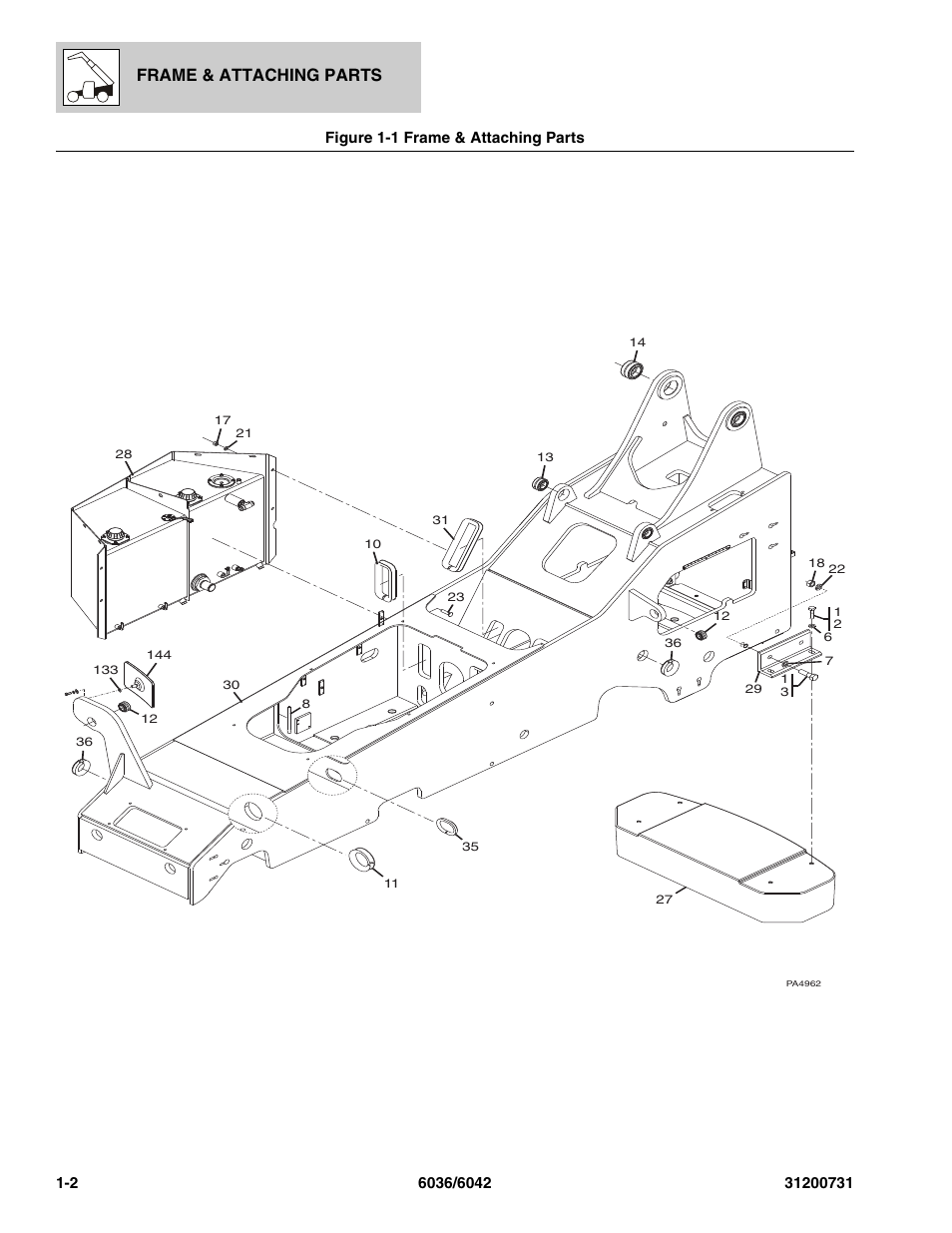 Figure 1-1 frame & attaching parts, Frame & attaching parts -2, Frame & attaching parts | SkyTrak 6036 Parts Manual User Manual | Page 14 / 364