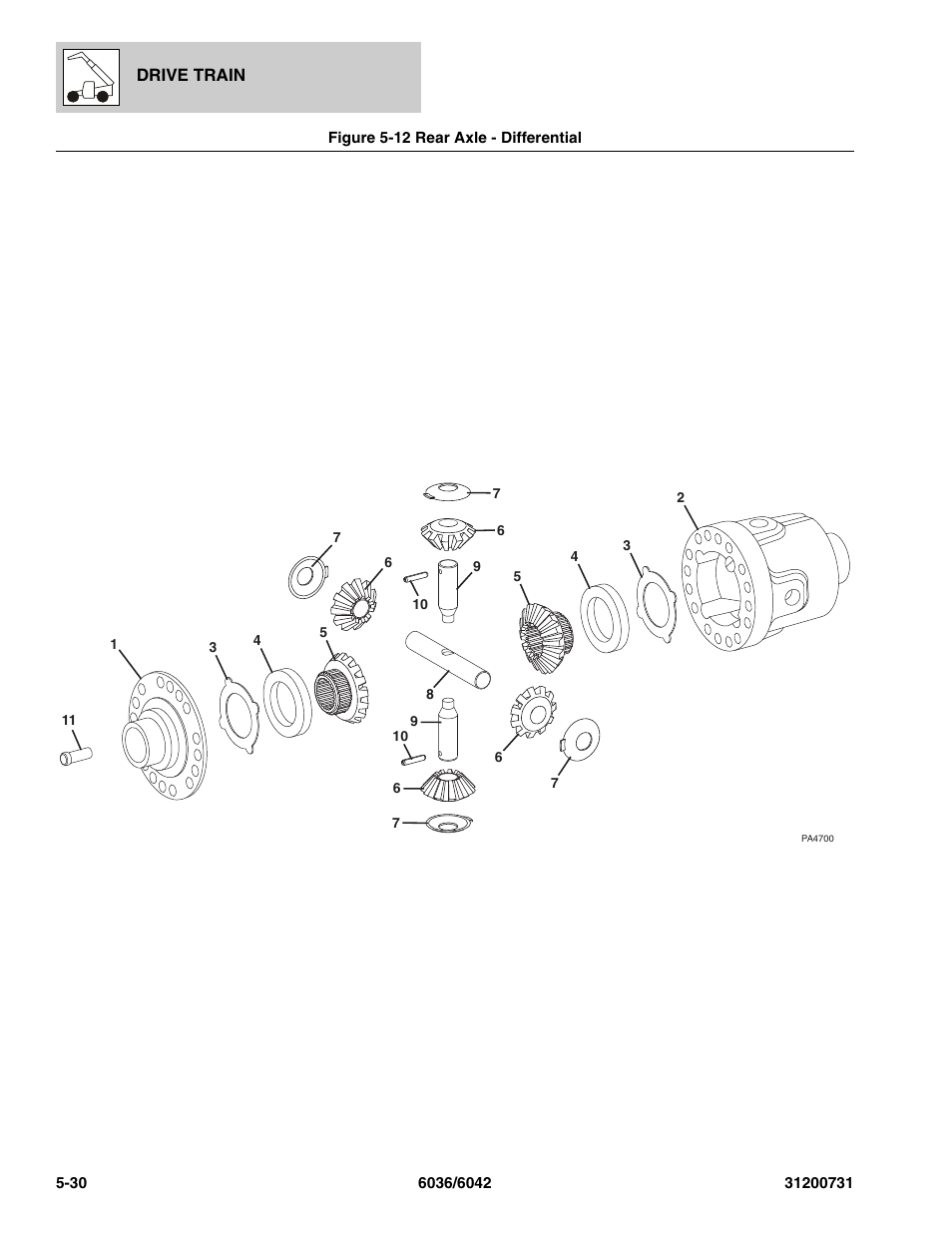 Figure 5-12 rear axle - differential, Rear axle - differential -30, Differential, (see figure 5-12 for details) | SkyTrak 6036 Parts Manual User Manual | Page 140 / 364