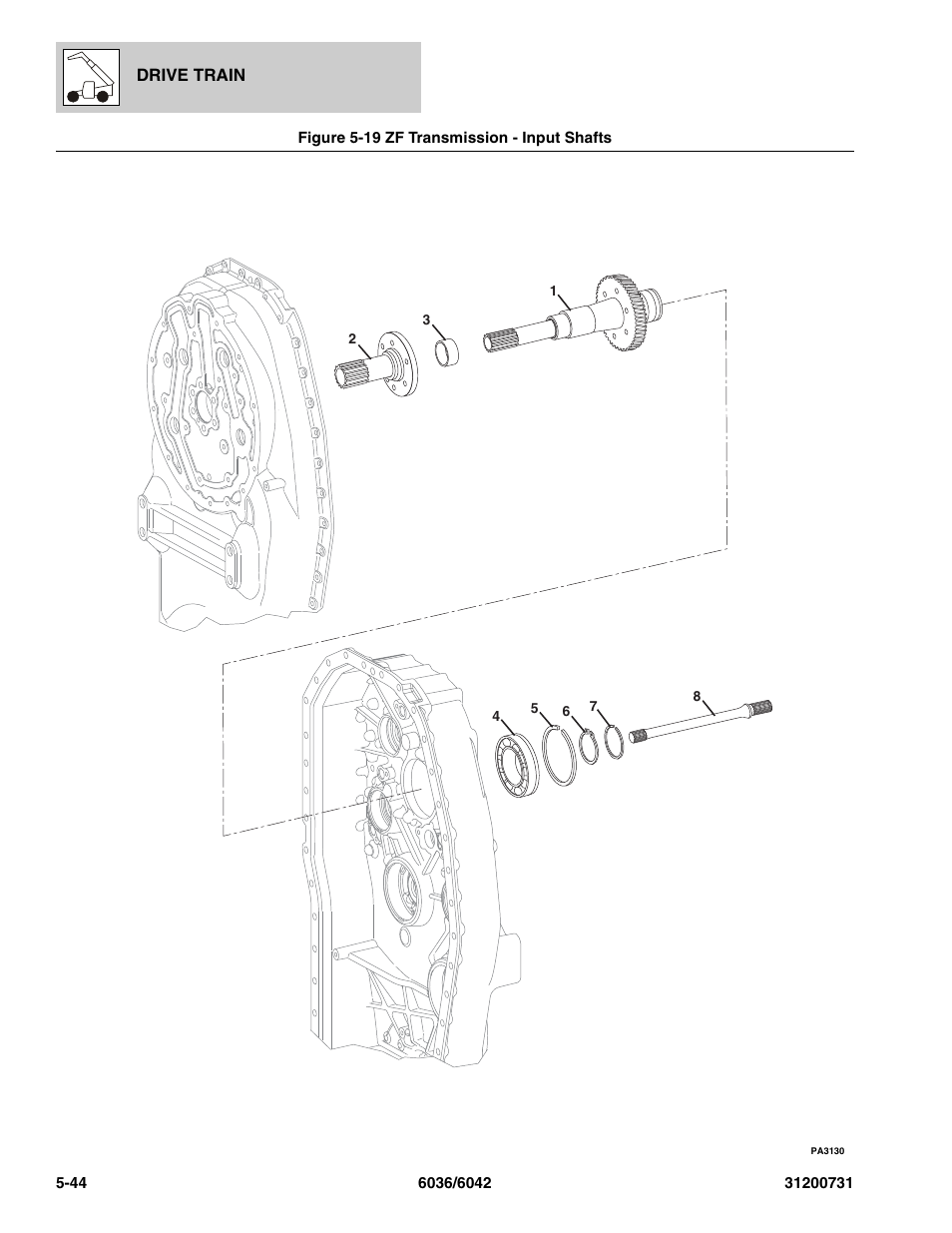 Figure 5-19 zf transmission - input shafts, Zf transmission - input shafts -44, Nput shafts, (see figure 5-19 for details) | SkyTrak 6036 Parts Manual User Manual | Page 154 / 364