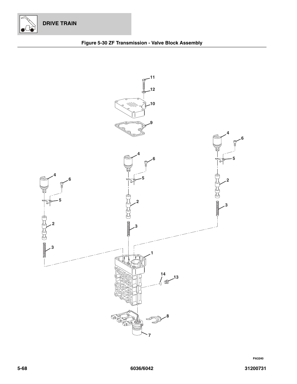 Figure 5-30 zf transmission - valve block assembly, Zf transmission - valve block assembly -68, Block assy, (see figure 5-30 for details) | SkyTrak 6036 Parts Manual User Manual | Page 178 / 364