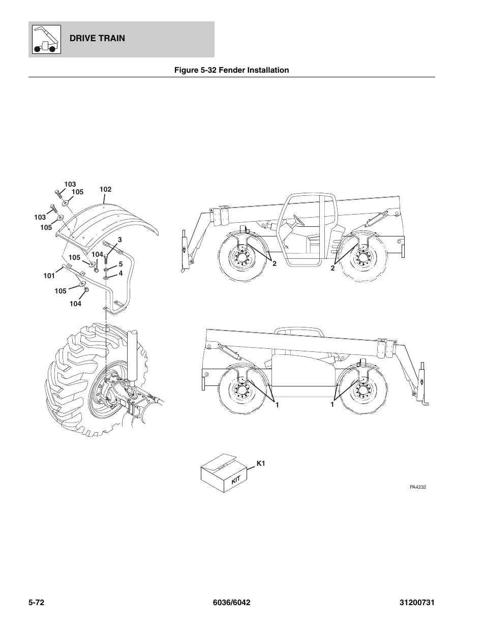 Figure 5-32 fender installation, Fender installation -72 | SkyTrak 6036 Parts Manual User Manual | Page 182 / 364