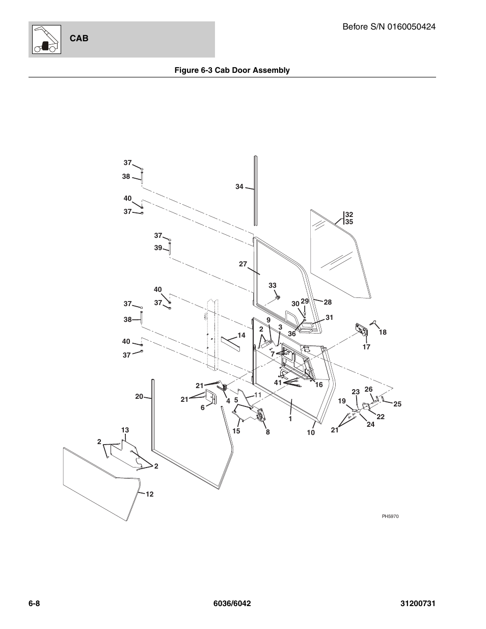 Figure 6-3 cab door assembly, Cab door assembly -8, Oor assy, (see figure 6-3 for details) | SkyTrak 6036 Parts Manual User Manual | Page 196 / 364