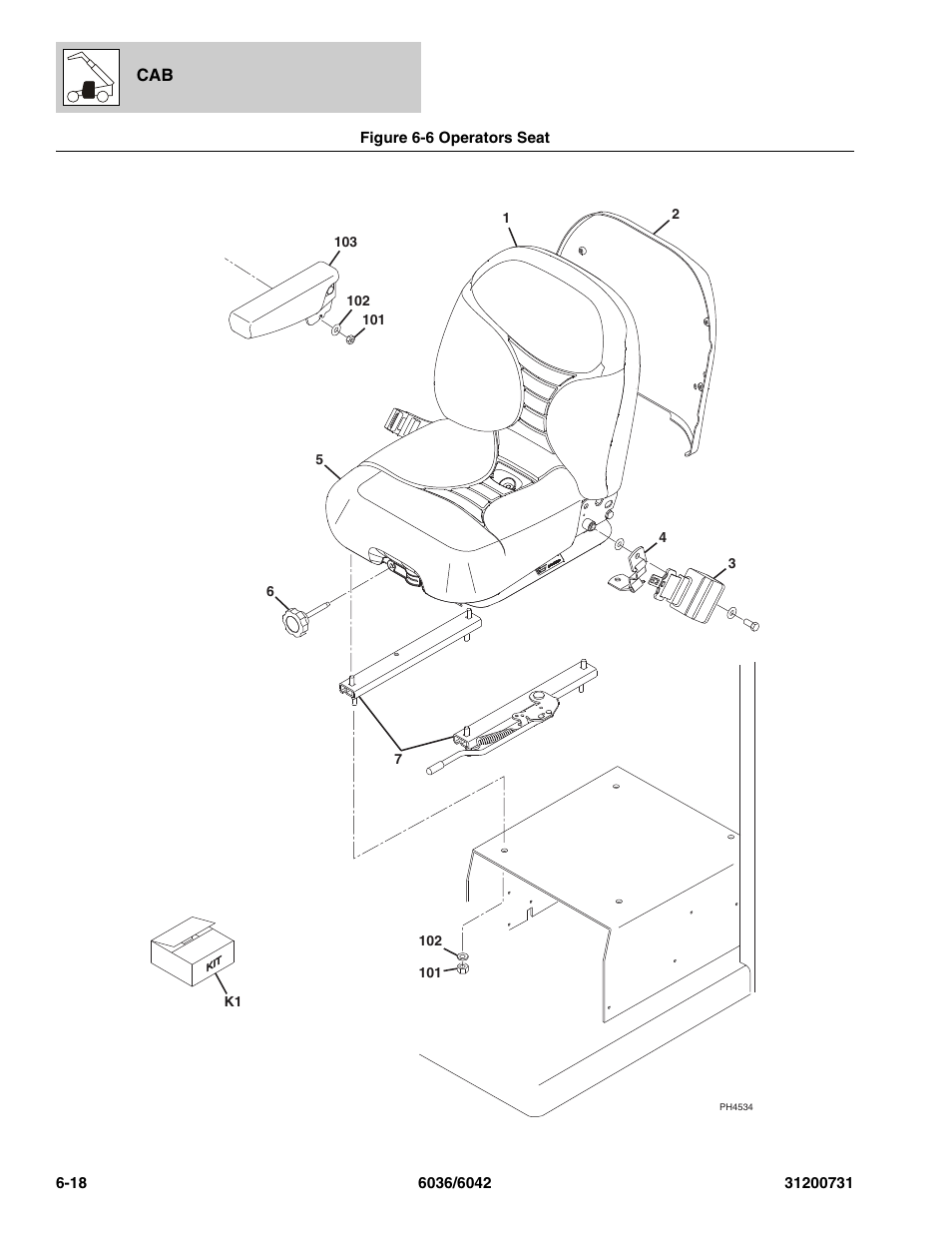 Figure 6-6 operators seat, Operators seat -18, T assy, (see figure 6-6 for details) | SkyTrak 6036 Parts Manual User Manual | Page 206 / 364