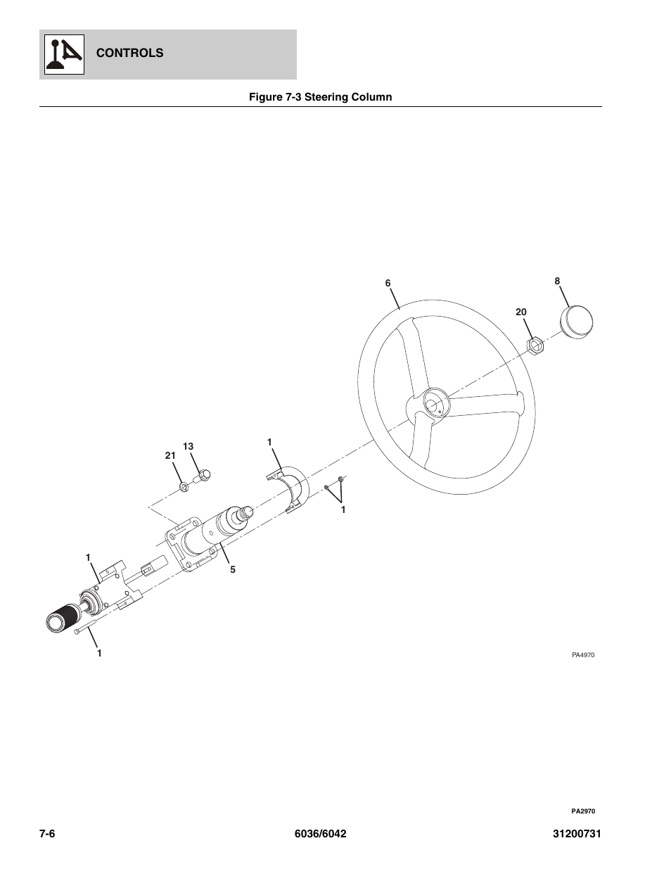Figure 7-3 steering column, Steering column -6, Column assy, (see figure 7-3 for details) | SkyTrak 6036 Parts Manual User Manual | Page 218 / 364