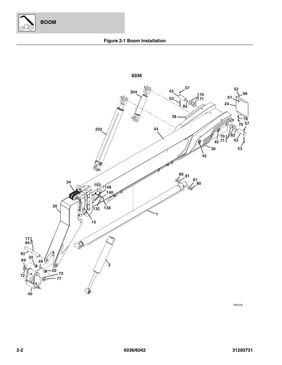 Figure 2-1 boom installation, Boom installation -2, Boom | SkyTrak 6036 Parts Manual User Manual | Page 22 / 364