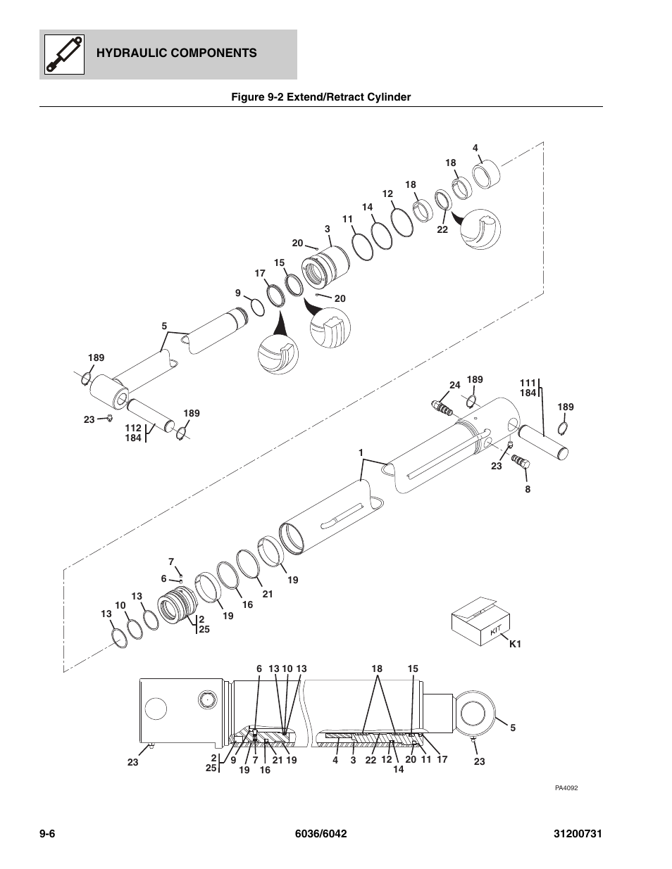 Figure 9-2 extend/retract cylinder, Extend/retract cylinder -6, Re, (see figure 9-2 for details) | Cylinder, See figure 9-2 for details) | SkyTrak 6036 Parts Manual User Manual | Page 262 / 364