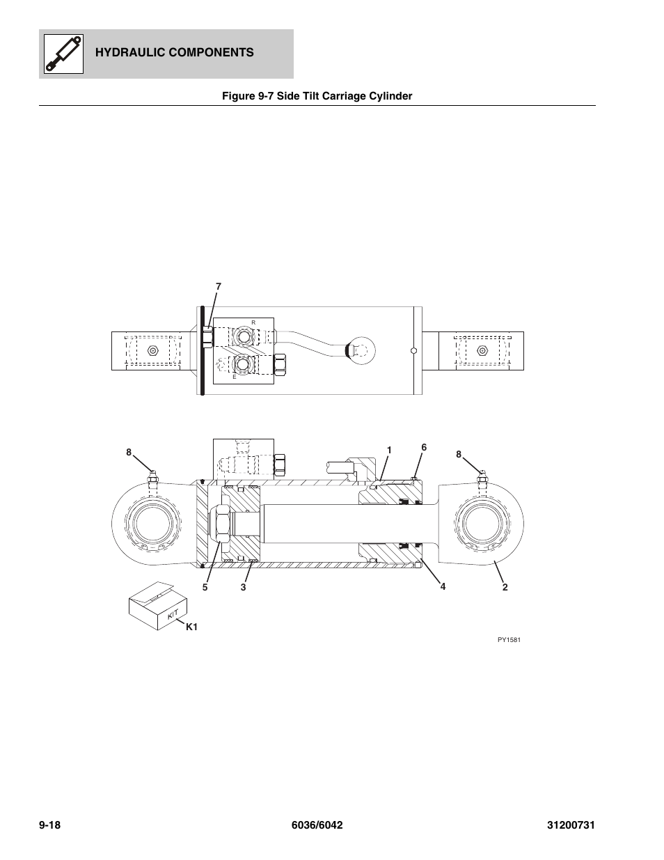 Figure 9-7 side tilt carriage cylinder, Side tilt carriage cylinder -18, Hydraulic components | SkyTrak 6036 Parts Manual User Manual | Page 274 / 364